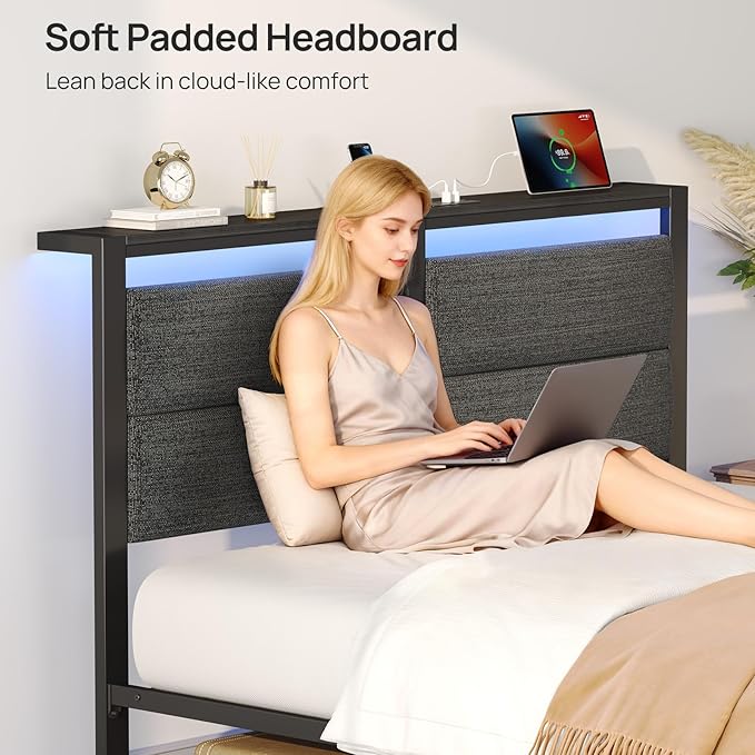 Rolanstar Full Size Bed Frame with Charging Station, LED Full Bed Frame with Upholstered Storage Headboard, Platform Bed with Metal Slats & Under Bed Storage, No Box Spring Needed, Noise Free, Grey