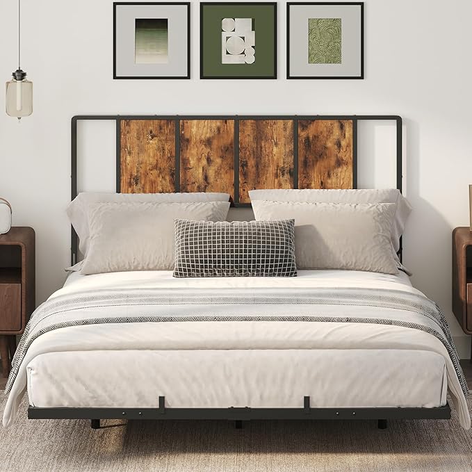 MAHANCRIS Queen Size Headboard Only, Metal Headboard with Adapters, Minimalist Industrial Style for Queen Size Beds, Rustic Brown and Black