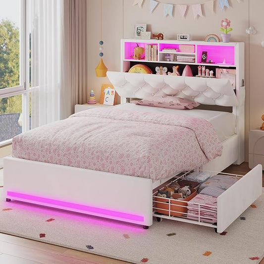 Twin Bed Frame with Bookcase Headboard,LED Bed Frame with 4 Storage Drawers,Power Outlet, Modern Velvet Upholstered Platform Bed Frames for Kids, No Box Spring Needed, Creamy White