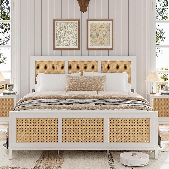 GarveeHome King Size Bed Frame with Headboard, Boho Rattan Bed Frame with Strong Metal Slat, Noise Free, No Box Spring Needed, White