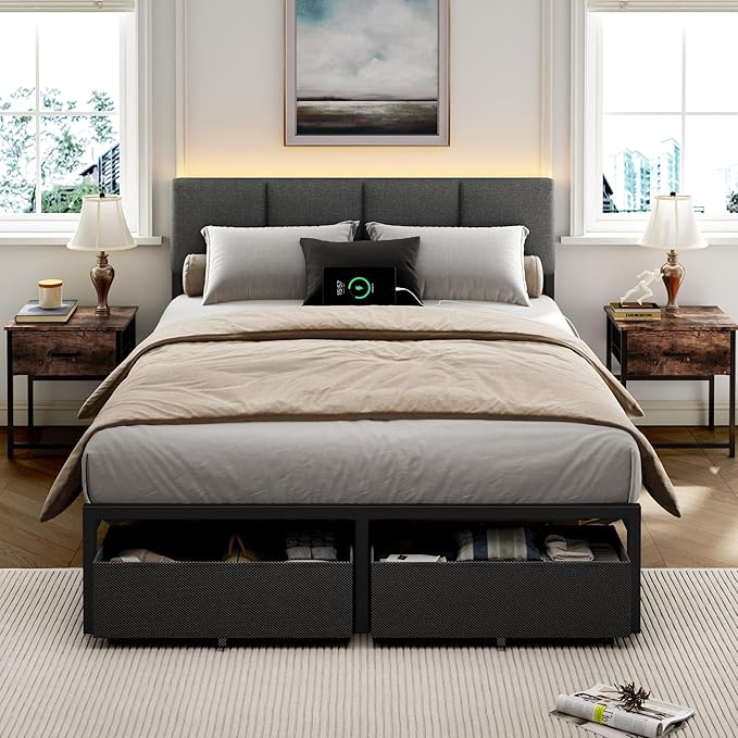 Furnulem Full Size Bed Frame with Headboard, Upholstered Full Bed Frame with LED Light, USB Charging Station, Platform Bedframe with 2 Fabric Underbed Storage Drawers, No Spring Box Needed