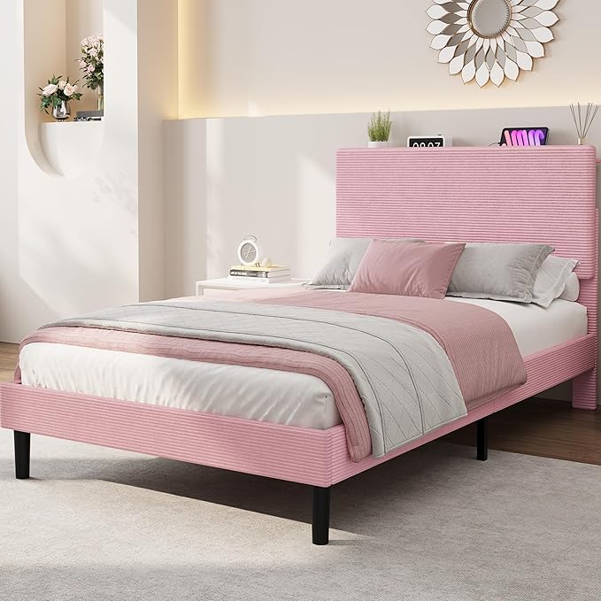 IDEALHOUSE Twin Size Bed Frame, Platform Bed with Adjustable Corduroy Upholstered Storage Headboard and Charging Station, Sturdy Metal Support, Noise Free, Easy Assembly, Pink