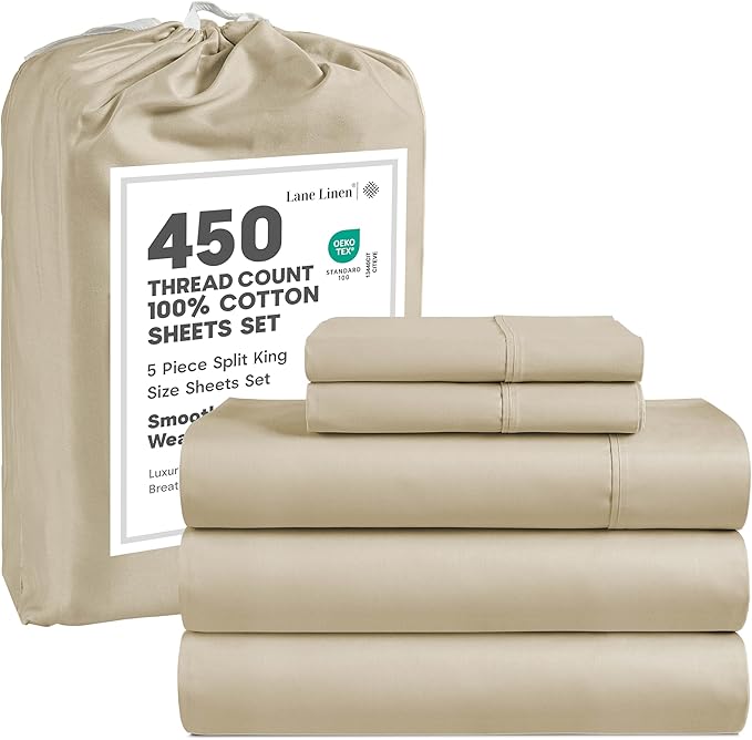LANE LINEN Split King Sheets Set for Adjustable Beds - 5 PCs, 450 Thread Count Split King Sheets Set - Sateen King Split Sheets for Adjustable Bed - Split Top King Sheet Set for Beds - Linen