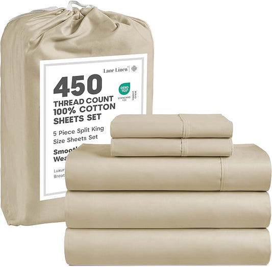 LANE LINEN Split King Sheets Set for Adjustable Beds - 5 PCs, 450 Thread Count Split King Sheets Set - Sateen King Split Sheets for Adjustable Bed - Split Top King Sheet Set for Beds - Linen