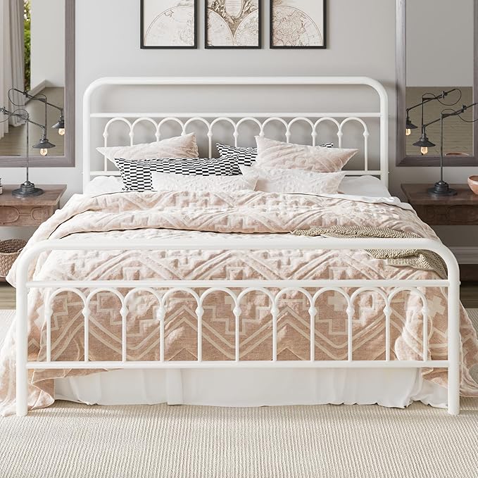 Allewie 14 Inches King Size Metal Platform Bed Frame with Victorian Style Curved Iron-Art Headboard/Footboard, Easy Assembly, Under Bed Storage, No Box Spring Required, Cream White