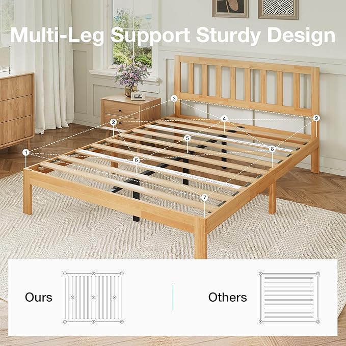 Novilla 12 Inch Queen Bed Frame with Headboard, Queen Size BedFrame with Headboard Classic Wooden Bed Frame Queen Size with Wood Slat Support, No Box Spring Needed, Easy Assembly, Natural Grain Wood