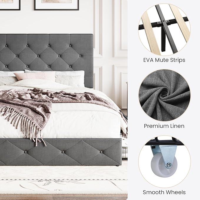 SHA CERLIN Upholstered Queen Size Platform Bed Frame with 4 Storage Drawers, Adjustable Headboard with Diamond Stitched Button Tufted Design, Wooden Slat Support, No Box Spring Needed, Dark Grey