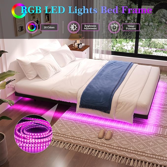 Awesofurni Floating Bed Frame King Size, King Bed Frame with Smart LED Lights, Heavy Duty Modern Metal Platform Bed No Box Spring Needed - Easy Assembly and Noise Free
