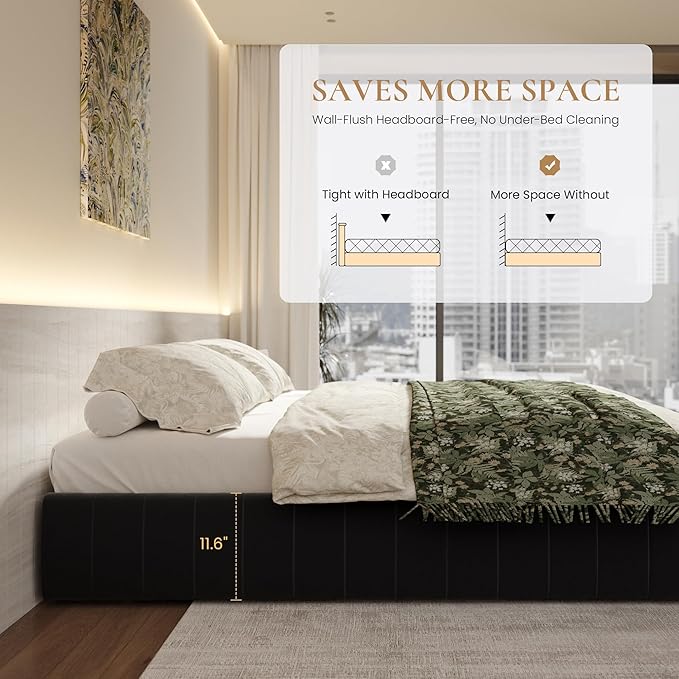 SHA CERLIN Full Size Velvet Upholstered Platform Bed Frame with 4 Storage Drawers, Vertical Channel Tufted, Low Profile, Fits Standard Headboards, Wooden Slats Support, Easy Assembly, Black
