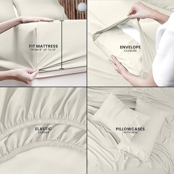 Utopia Bedding Queen Size Sheet Set – 4 Piece Bed Sheets, Soft and Breathable Microfiber, Includes 1 Fitted Sheet, 1 Flat Sheet and 2 Pillowcases – Oeko-Tex - (Ivory) (Pack of 2)