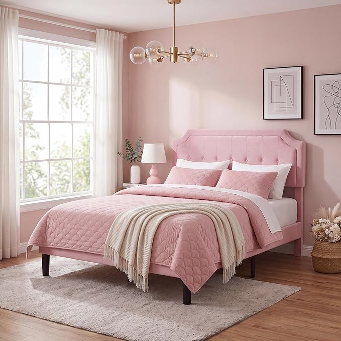 VECELO Queen Size Velvet Bed Frame with Headboard, Upholstered Platform Bedframe with Strong Wooden Slats, No Box Spring Needed, Easy Assembly,Pink