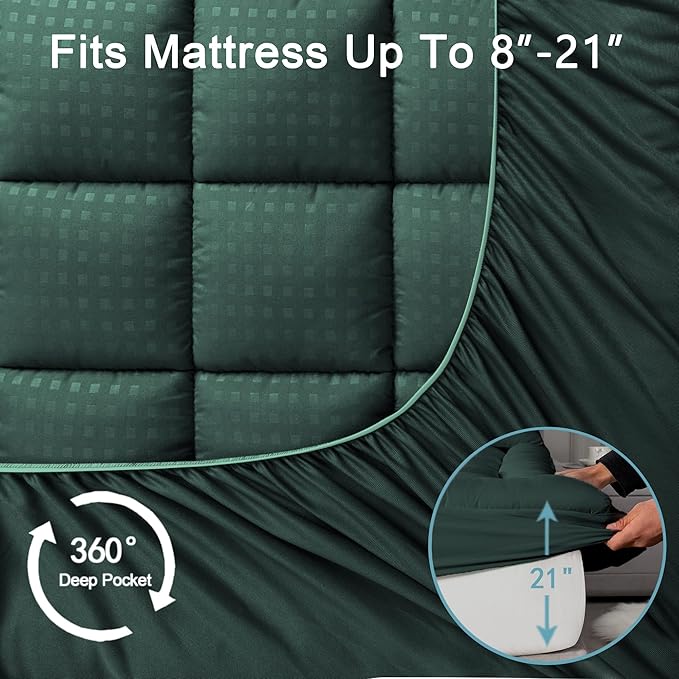 HYLEORY Full XL Mattress Pad Quilted Fitted Mattress Protector Cooling Pillow Top Mattress Cover Breathable Fluffy Soft Mattress Topper with 8-21" Deep Pocket, Green