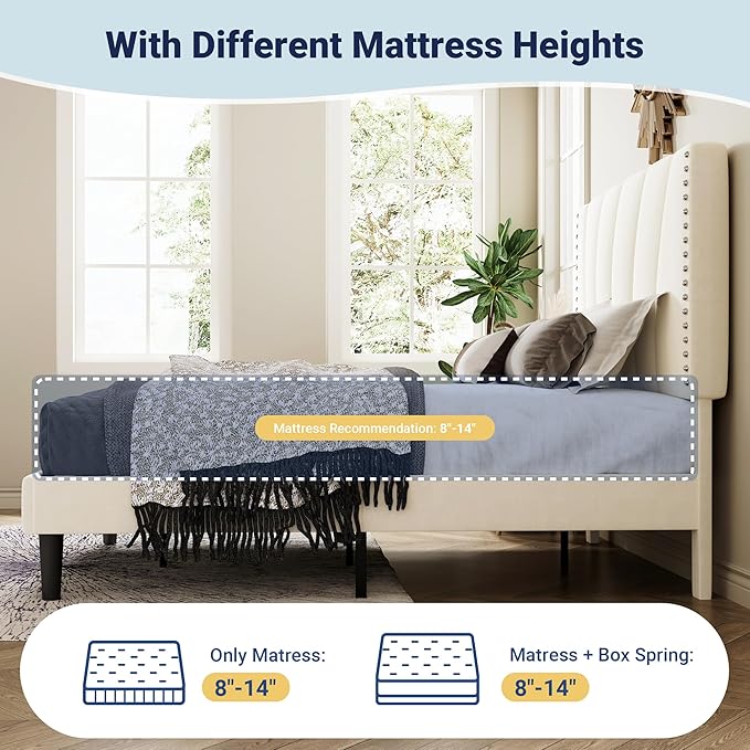 Allewie King Size Bed Frame with Adjustable Velvet Upholstered Headboard, Rivet-Style Nailhead Trim Detail Platform Bed Frame, Wooden Slat Support, No Box Spring Needed, Easy Assembly, Cream