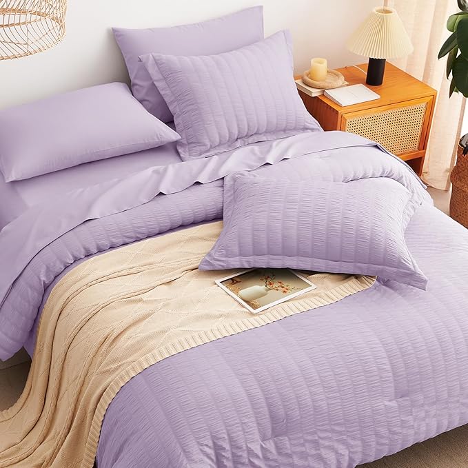 CozyLux King Size Comforter Set Light Purple Seersucker 7 Pieces Bed in a Bag King Comforter Set with Sheets, Lavender Bedding Sets with Down Alternative Comforter, Sheets, Pillowcases & Shams