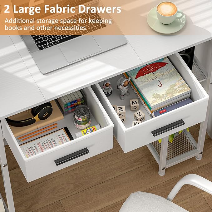 DAOUTIME White Computer Desk with Drawers, 37.3 Inch Home Office Work Desk with Storage Shelf, Kids Teens Study Table for Small Space, Small Writing PC Table for Bedroom Makeup Vanity Desk