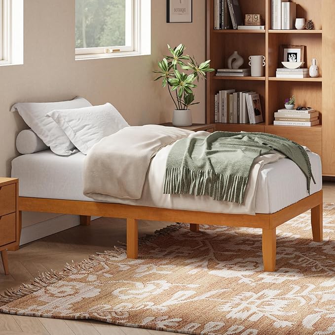 DUMOS 14 Inches Twin Size Wood Platform Bed Frame, Solid Wooden Mattress Foundation with Heavy Duty Wood Slat Support, Sturdy, No Box Spring Needed, Natural Pine