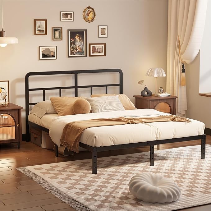 Husleephu Queen Bed Frame with Headboard, 12 Inch Queen Size Bed Frame with Heavy Duty Metal Slats, No Box Spring Needed, Noise Free, Easy Assemble, Black