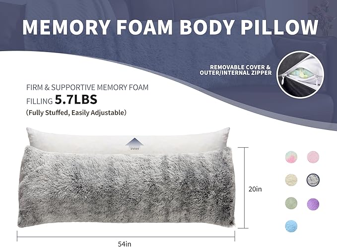 Fluffy Full Body Pillow for Adults 20x54 Long Big Body Pillow Cover Pillowcase with Memory Foam for bed Grey Pregnancy Cuddle Snuggles Body Pillows for Sleeping Side Sleeper Pillows for Adults