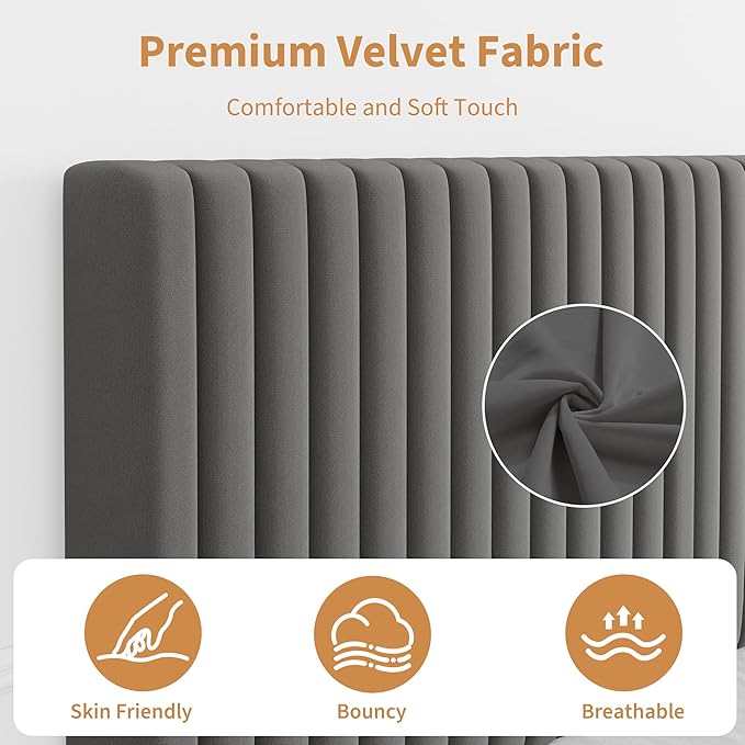 IDEALHOUSE Full Bed Frame with Adjustable Headboard, Velvet Upholstered Platform Bed Frame Full Size, Vertical Channel Tufted, Strong Wooden Slats, No Box Spring Needed, Easy Assembly, Grey