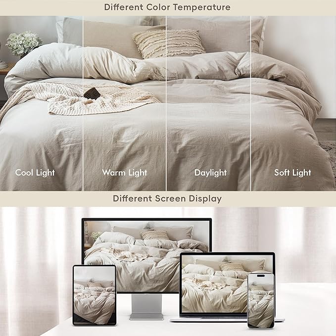 MooMee Bedding Duvet Cover Set 100% Washed Cotton Linen Like Textured Breathable Durable Soft Comfy (Heathered Tannish Linen Grey, Queen 90"x90")