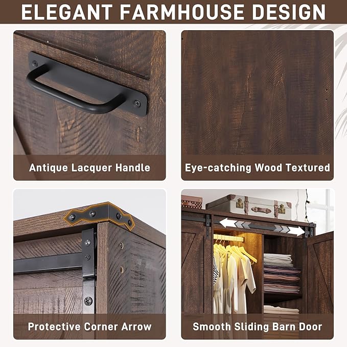 Farmhouse 6 Doors Armoire Wardrobe Closet w/Folding Sliding Barn Door and Lights, LED Armoire Closet w/ 6 Drawers for Bedroom, Freestanding Wooden Wardrobe Storage Closets w/Hanging Rod,Rustic Brown