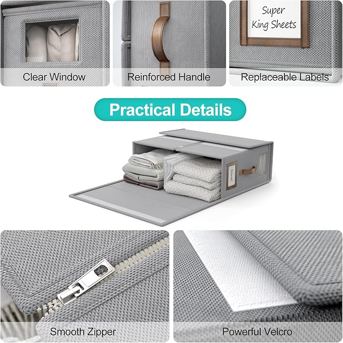 8 Pack Foldable Bed Sheets Set Organizers and Storage(Cal King Size),Linen Fabric Closet Organizers with Window,Folding Bedding Storage Box for Bedsheets and Pillow Cube Organizer-Gray