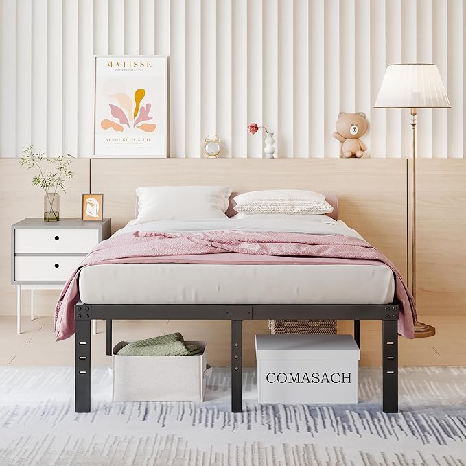 18 Inch Bed-Frames-Full, Heavy Duty Black Tall Metal Bed Frame No Box-Spring Needed, Easy Assembly, Under Bed Storage, Noise Free Mattress-Foundation Support up to 2000Lbs