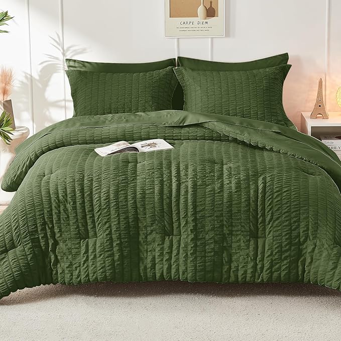 HYMOKEGE Olive Green King Size Comforter Set Seersucker 7 Pieces, All Season Luxury Bed in a Bag for Bedroom, Bedding Set with Comforter, Sheets, Pillowcases & Shams