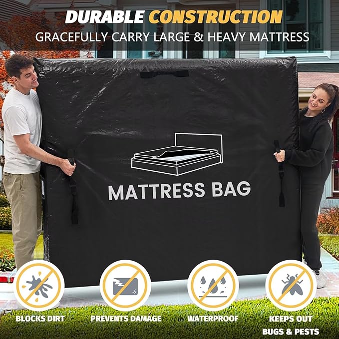 Mattress Bags for Moving and Storage, BETU Queen Mattress Protector Waterproof Mattress Cover with 8 Heavy Duty Handles and Zipper Extra Thick Moving Supplies for Bed (2 Pack:82x62x13.5 Black)
