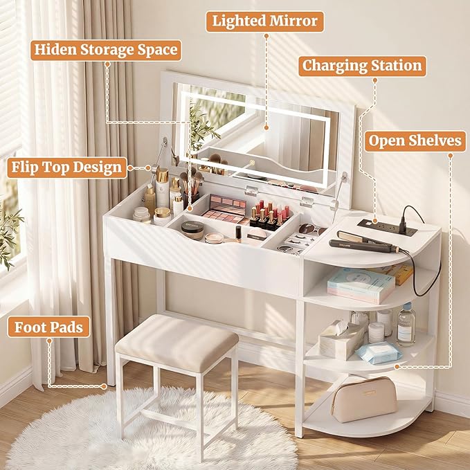 Cyclysio Vanity Desk with Flip Top Mirror and Lights, Makeup Vanity Desk with Drawers, Dressing Table with Storage Shelves & Charging Station, Small Vanity for Small Spaces, White