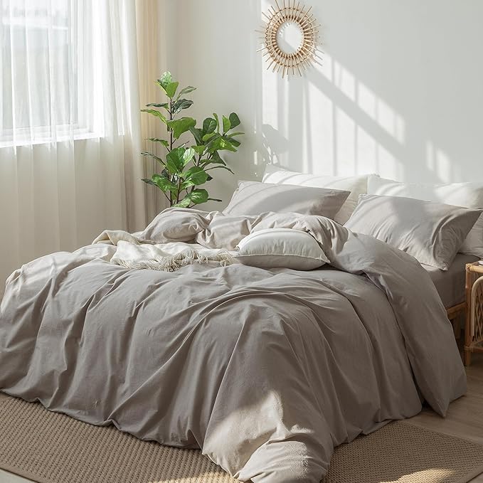 MooMee Bedding Duvet Cover Set 100% Washed Cotton Linen Like Textured Breathable Durable Soft Comfy (Heathered Brownish Grey, Super King Plus 120"x120")