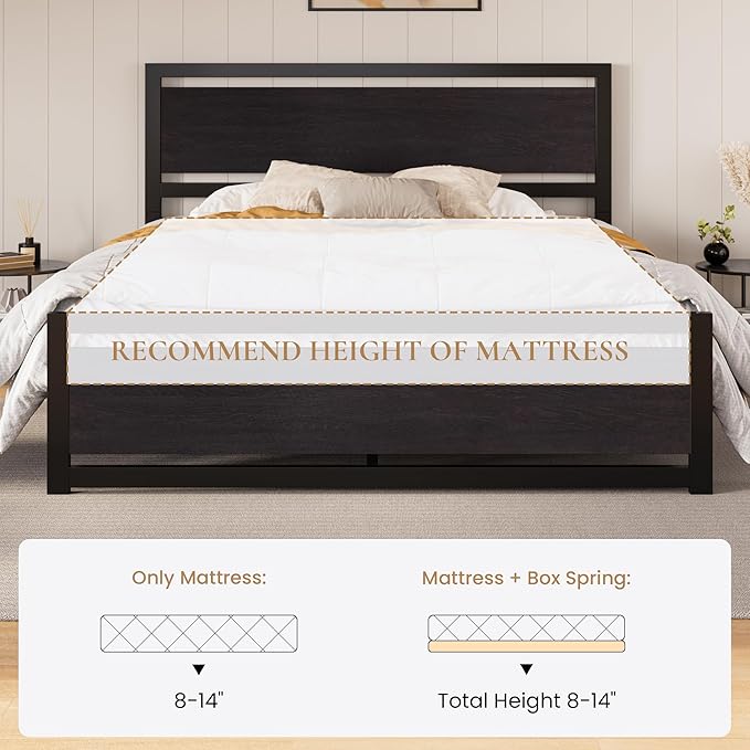 SHA CERLIN King Size Bed Frame with Modern Headboard, Heavy Duty Platform Metal Base with Footboard and 13 Slats Support, No Box Spring Needed, Black