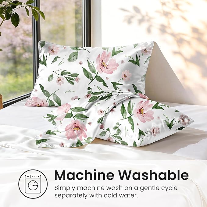 EXQ Home Satin Pillowcase for Hair and Skin Queen - Printed Pink Bloom Silk Pillow Cases 2 Pack 20x30 inches - Satin Pillow Cases Set of 2 with Envelope Closure, Gifts for Women Men