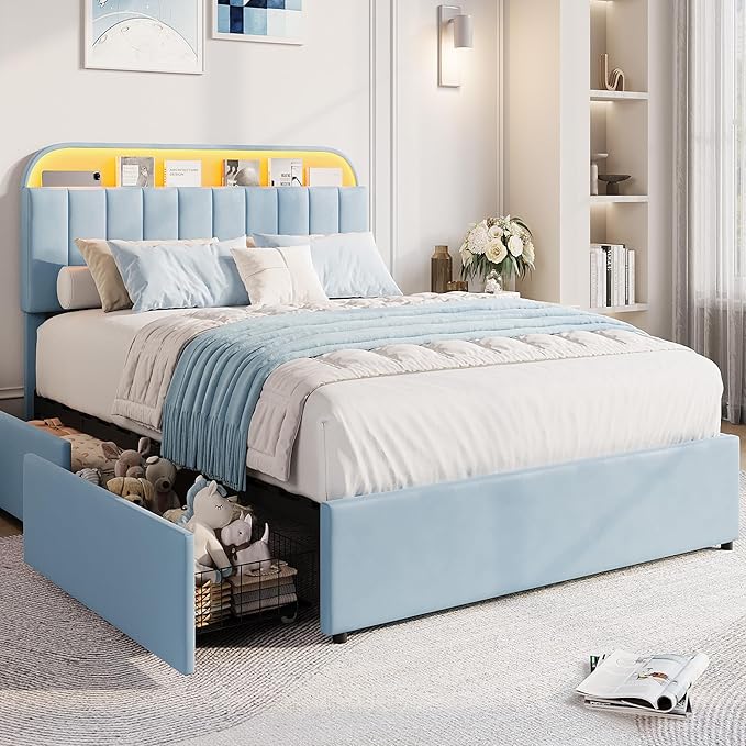GarveeHome Full Bed Frame with Storage Headboard, Kids Bed Frame with 2 Drawers, Velvet Upholstered Platform Bed Frame with Lights, No Box Spring Needed, Easy Assembly, Velvet Blue