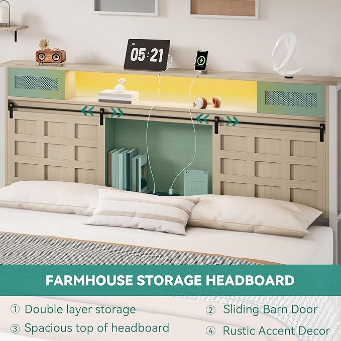 YITAHOME Farmhouse Bed Frame King Size with Storage Bookcase Headboard, Wooden Bed Frame with Charging Station & Led Light, Platform Bed with Sliding Barn Door, No Box Spring Needed,Oak w/Light