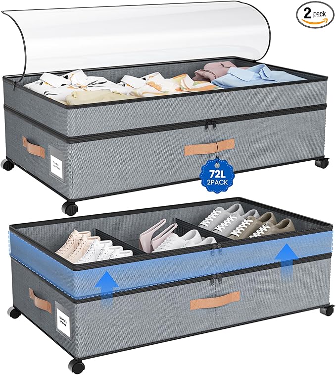 Storage Box,Under Bed Storage with Wheels 72L XXL Under the Bed Storage Containers Large, 10‘’ Tall Adjustable Storage for Underbed with Lids, Rolling for Shoes, Clothes, Blankets, Grey
