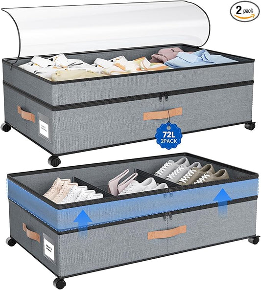 Storage Box,Under Bed Storage with Wheels 72L XXL Under the Bed Storage Containers Large, 10‘’ Tall Adjustable Storage for Underbed with Lids, Rolling for Shoes, Clothes, Blankets, Grey