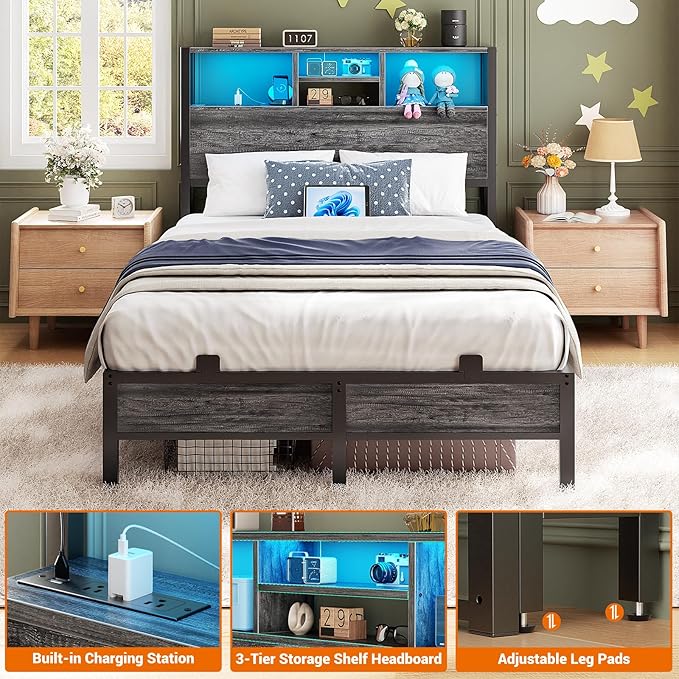 Aheaplus Headboard for Twin Size Bed with Storage, Headboards with Outlets, USB Ports and LED Light, Twin Size Head Board Only, Height Adjustable, Reversible, Sturdy and Stable Headboard, Black Oak