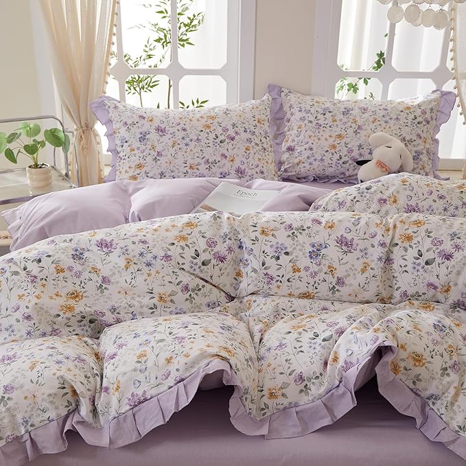 mixinni Floral Duvet Cover Set Twin XL Size, 100% Cotton 3-Piece Bedding Set with Ruffled Lace, Reversible Lavender Wildflower Ruffle Design, Soft Aesthetic Cottagecore Duvet Cover with Zipper Closure