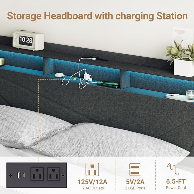 COLAMY Full Size Bed Frame with Charging Station & LED Lights, Upholstered Headboard with 2-Tier Storage, Heavy Duty Metal Platform Bed with Wood Slats, No Box Spring, Noise-Free, Easy Assembly, Grey