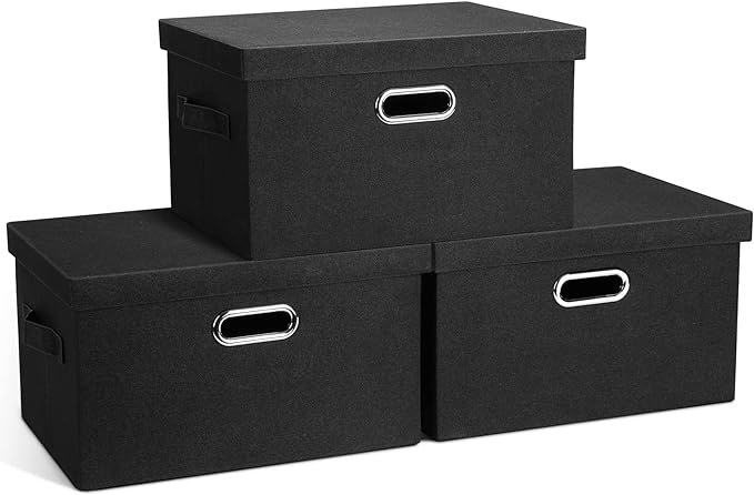 Graciadeco Medium 15" 21 Quart Collapsible Stackable Storage Bins with Lids, 3 Packs Black Foldable Fabric Closet Boxes Heavy-duty Lidded Linen Cube Basket Container Organizer and Storage for Bedroom