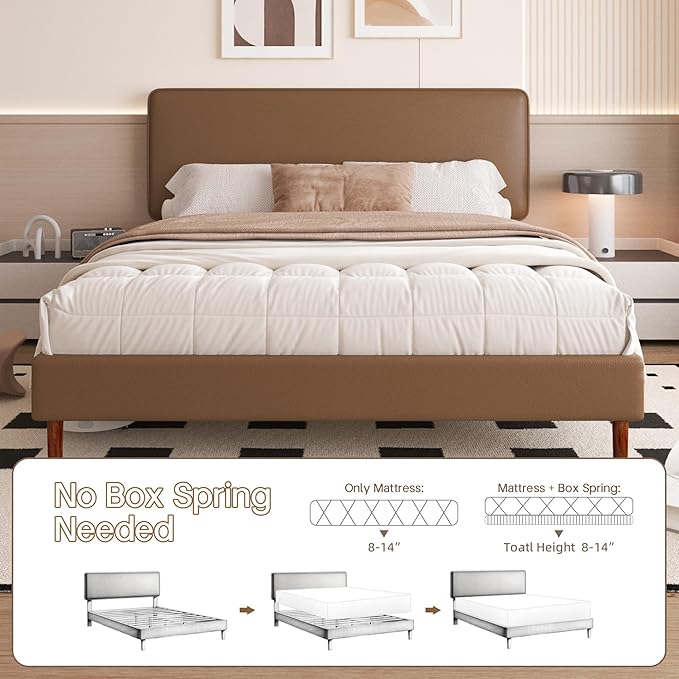 King Size Leather Platform Bed Frame with Adjustable Upholstered Headboard, Solid Wooden Legs, No Box Spring Needed, Easy Assembly, Noise Free, Brown