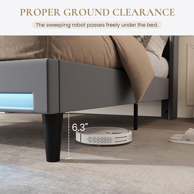 SHA CERLIN Full Size LED Bed Frame with Charging Station, Velvet Upholstered Platform Bed with High Wingback Headboard, No Box Spring Needed, Easy Assembly, Grey