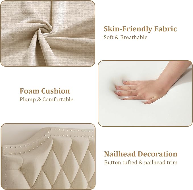 GarveeHome Upholstered Canopy Bed Frame Queen Size with headboard, Button Tufted, Nailhead Trim Design, No Box Spring Required, Beige(Shipped in 2 Boxes)