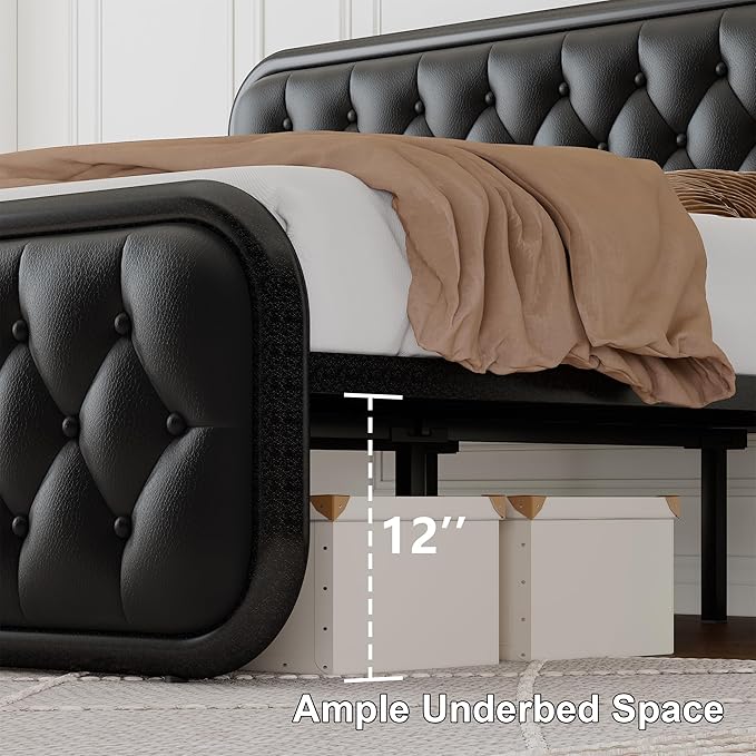 Feonase King Size Bed Frame, Upholstered Bed Frame with Faux Leather Headboard, Heavy Duty Platform Bed with Strong Metal Slats, 12 Inch Under-Bed Storage, Noise-Free, Easy Assembly, Matte Black