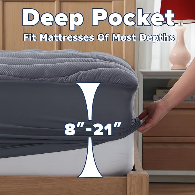 ELVEN HOME Full Size Mattress Pad for Pain Relief, Quilted Fitted Cooling Mattress Topper for Double Bed, Pillow Top Mattress Protector Cover with 8-21" Deep Pocket (54x75 inch, Grey)