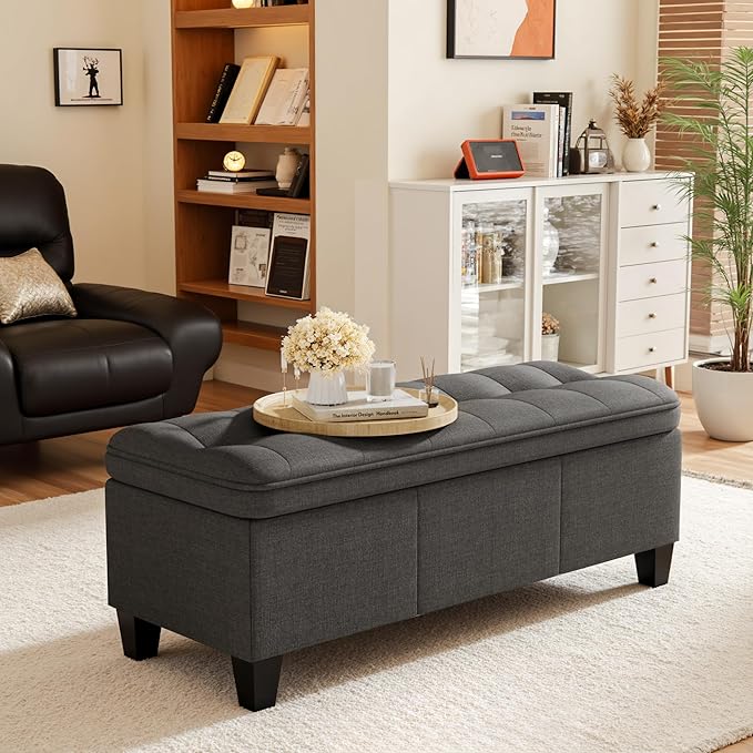 YESHOMY 47 Inches Ottoman with Storage, Storage Bench with Legs, Ottomans for Living Room, Entryway, Adjustable & Movable, Easy Assembly, Deep Grey Linen