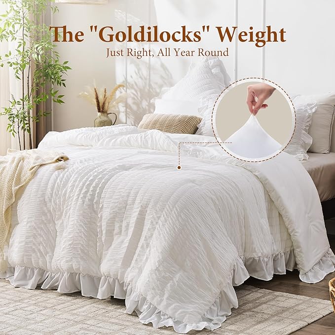 JOLLYVOGUE King Size Comforter Set, White Seersucker 3 Pieces Comforters King Size, Lightweight & Fluffy Bedding Sets King for All Season with 1 Ruffle Comforter and 2 Ruffle Pillowshams