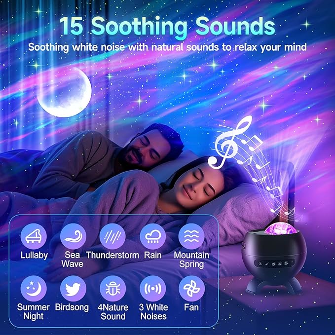 Portable Bluetooth Speaker with Hi-Fi Stereo Sound, Sleek Black Wireless Speaker with Aurora Light Projector & 15 Nature Sounds, Outdoor Speaker Bluetooth for Home, Gaming Setup, Party, Yoga (Black)