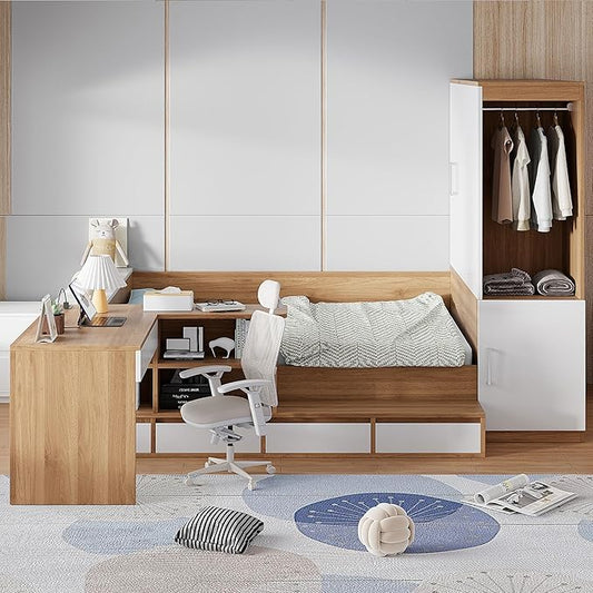 SOFTSEA Full Size Daybed with Wardrobe, L-Shaped Desk, 6 Drawers & USB Ports, Wooden Platform Bed with Open Shelves & Under Bed Storage, Space-Saving Corner Bed for Kids Teens, Natural